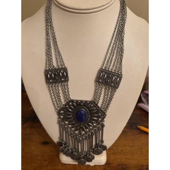 Boho Gypsy Coin Bib Necklace Bold Silver Statement With Blue Stone - Picture 9 of 16